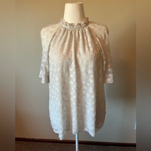 Anthropologie white top, size L with high neck, flutter sleeves